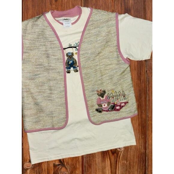 Suttons Womens Large Retro Waffle Knit Teddy Bear Vest & T-shirt Set Cottagecore - Picture 3 of 15